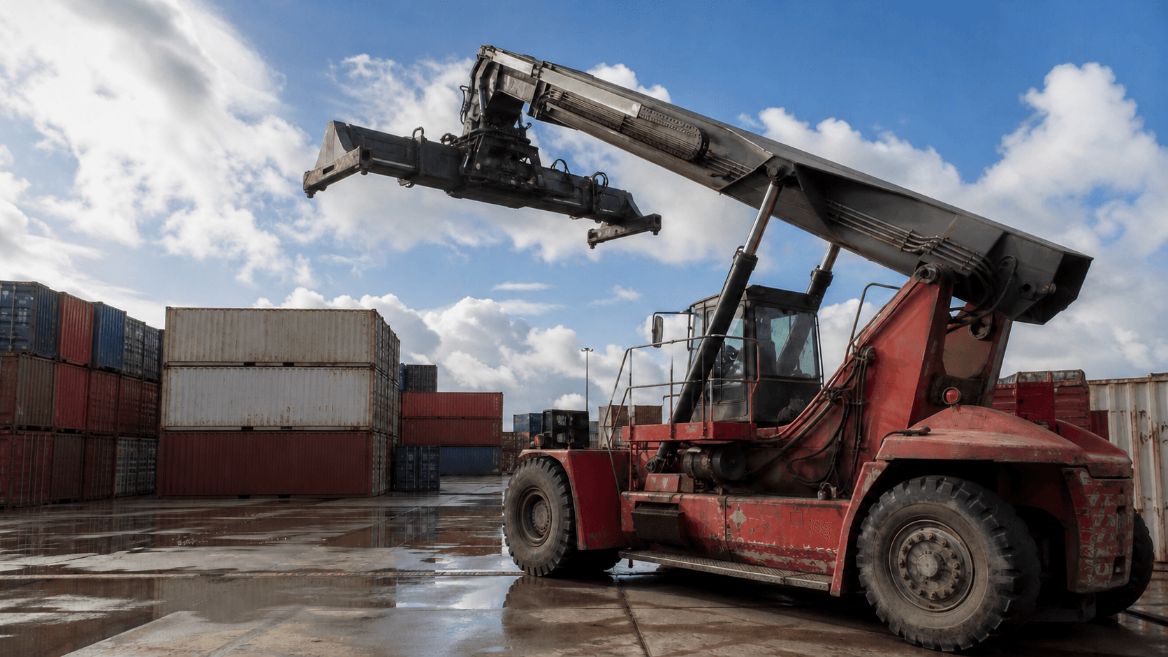 Container-Terminal mit Reachstacker beim Umschlag