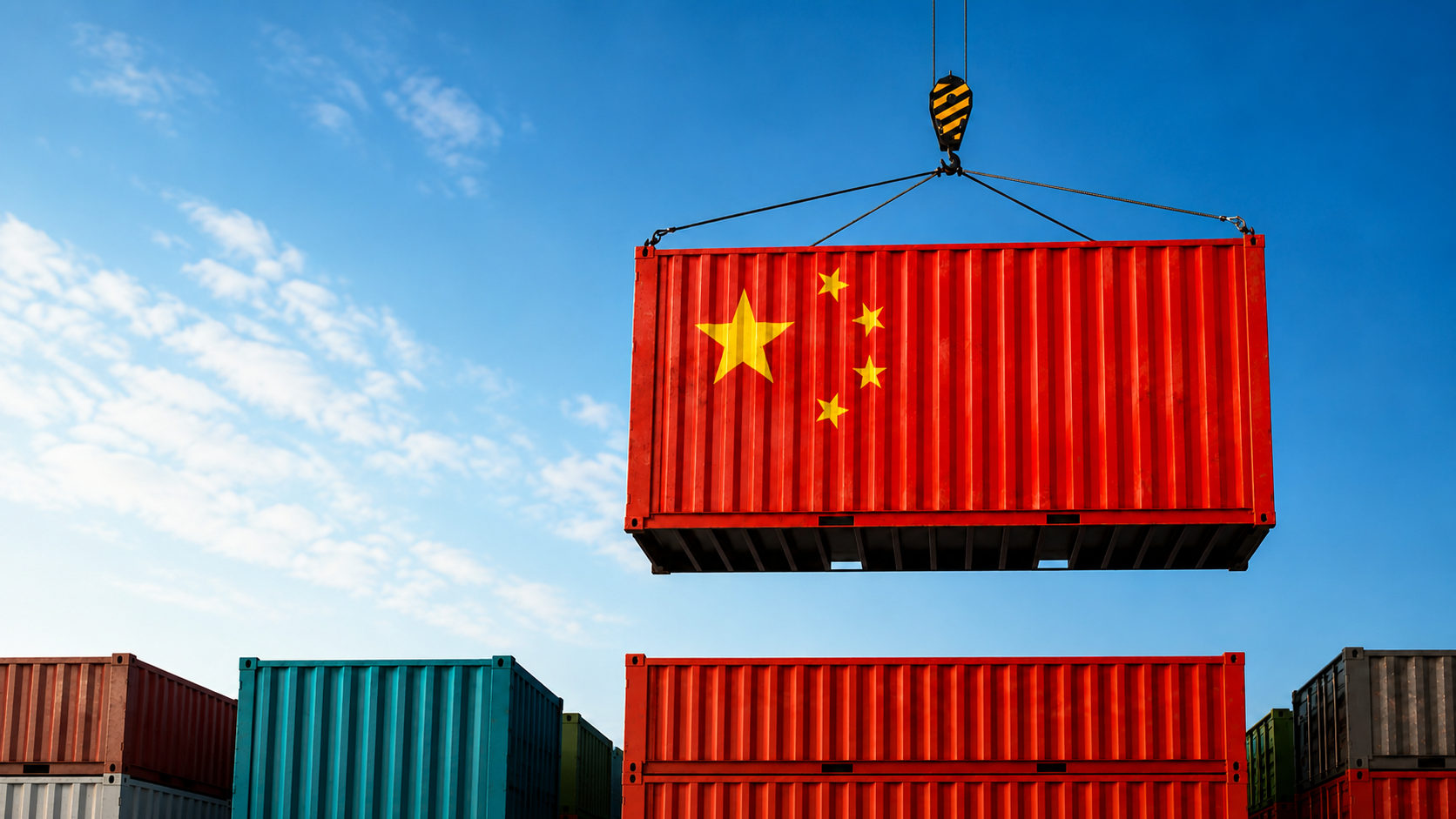 Container mit chinesischer Flagge am Kran